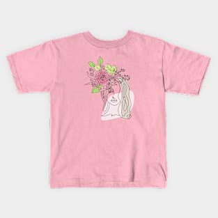 Beautiful Woman Flowers Design, Woman Line Art, Girls Design Kids T-Shirt